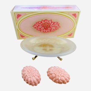 Vintage Floral Glass Golden Pedestal Soap Dish & Pink Flower Hand Soaps